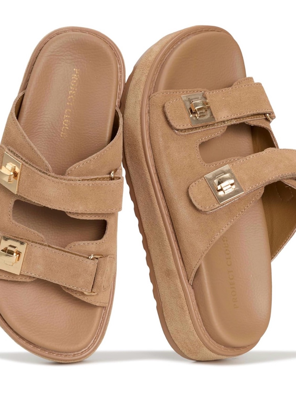 PROJECT CLOUD Suede Double-Strap Slide Sandals in Taupe with Gold Hardware NWT